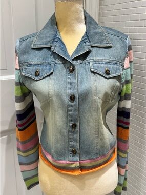 Light wash mixed media Jean jacket with multicolored stripe cotton knit arms. M.